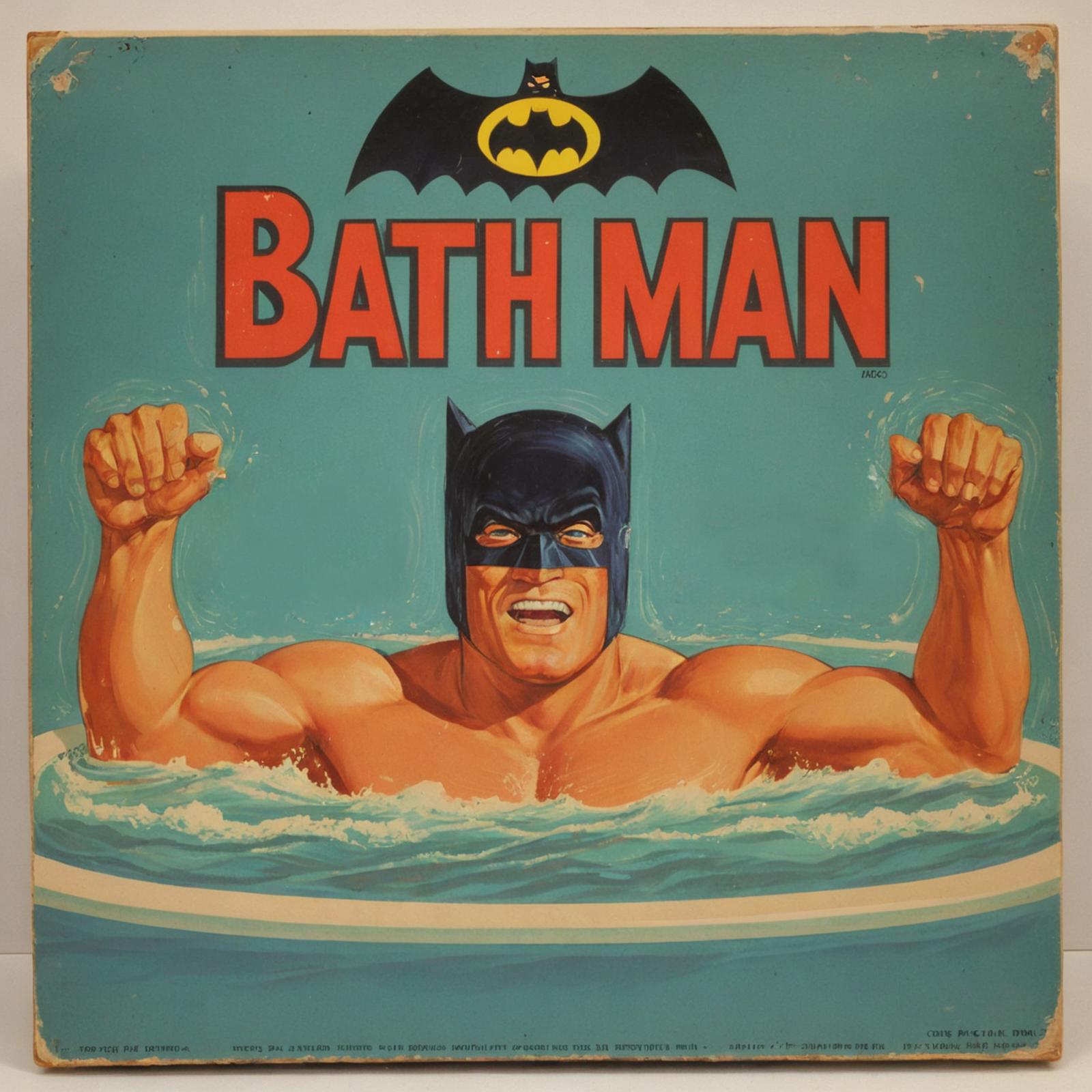 A Batman comic book cover shows him in a bathtub.