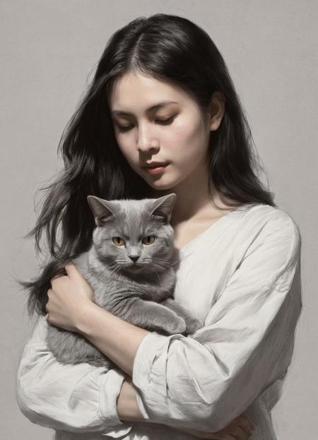 sketch_for_art_examination, [A young woman, gently cradling a grey cat, serene and melancholic], [Digital painting, hyperrealistic with anime influences], [Inspired by the style of WLOP and Greg Rutkowski], [Soft, diffused lighting, predominantly cool grey and silver tones, emphasis on smooth skin texture and flowing hair, minimal background, high detail rendering, shallow depth of field suggesting a large aperture lens like f/1.4]