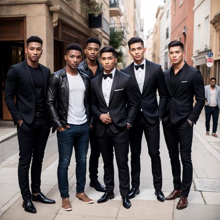 an ethnically diverse group of male models posing for a photo shoot