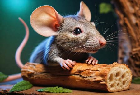 Generate a whimsical and imaginative an image depicting a clever rat crafting a bread piece from a log.