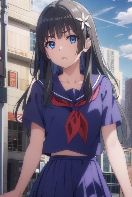 satenruiko, <lora:ruiko saten s3-lora-nochekaiser:1>, 
saten ruiko, black hair, blue eyes, long hair, hair ornament, flower ornament,
BREAK blue skirt, pleated skirt, sakugawa school uniform, school uniform, serafuku, skirt, summer uniform,
BREAK outdoor, city, sky, sun, clouds,
BREAK looking at viewer, (cowboy shot:1.5),
BREAK <lyco:GoodHands-beta2:1>, (masterpiece:1.2), best quality, high resolution, unity 8k wallpaper, (illustration:0.8), (beautiful detailed eyes:1.6), extremely detailed face, perfect lighting, extremely detailed CG, (perfect hands, perfect anatomy),