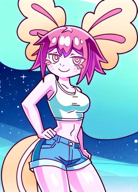 <lora:vitzypieaxol-06:0.9>0.9girl, pink hair, colored skin, pink skin, solo, short hair, breasts, smile, pink eyes, monster girl,shorts,jean_shorts,white_shirt,shirt,