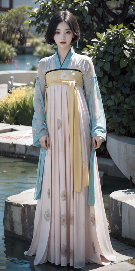 <lora:tang_hanfu:0.55>,(hanfu),(chinese clothes),((floral print)),((blue/yellow/pink/green/white/black magnificent print long sleeves)),((white/black/green/pink/blue/yellow print see-through dress)),1 girl,full body,(short hair),(realistic:1.7),((best quality)),absurdres,(ultra high res),(photorealistic:1.6),photorealistic,octane render,(hyperrealistic:1.2), (photorealistic face:1.2), (8k), (4k), (Masterpiece),(realistic skin texture), (illustration, cinematic lighting,wallpaper),( beautiful eyes:1.2),((((perfect face)))),(cute),(standing),(black hair),black eyes,red lips, outdoors,(chinese style countryard),(pond),<lora:JapaneseDollLikeness_v15:0.25>,