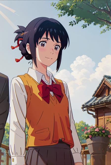 <lora:miyamizu_mitsuha:0.75>,miyamizu_mitsuha,(upper body),(smile),yellow school uniform, white shirt, black school skirt, outdoors,(light rays:1.2),(sun:1.2),(blue sky:1.1), park,flowers,lawn,trees,