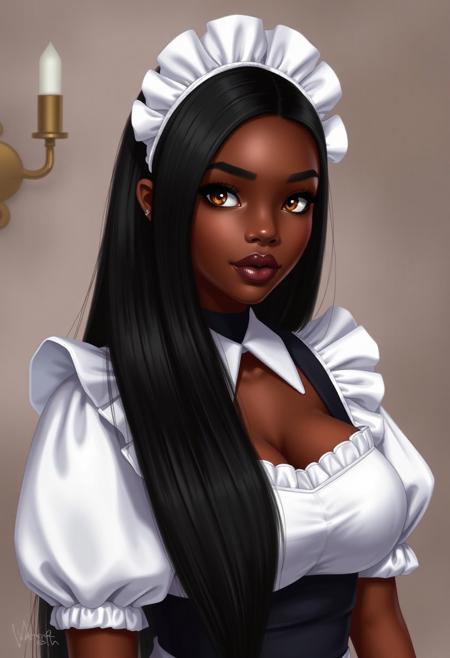 score_9, score_8_up, score_7_up, score_6_up, realistic, 1girl, Serena, SerenaRH, black girl, african girl, very long straight black hair, brown eyes, gorgeous lips, dark lips, large breasts, 
maid outfit,
 Expressiveh,