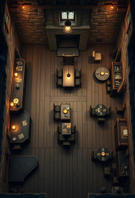 (masterpiece hyperrealisitic, medium format photography, muted colors, soft focus,  accurate proportions,  high quality, detailing, textures) A top-down, perfect RPG combat map of the interior of a cozy tavern with different rooms. The tavern has a bar area, a dining area, interconnected no door rooms. The bar area has a counter and a few stools. The dining area has several tables and chairs. The private room has a large table and chairs. The floor is wooden. The walls are stone. There are oil lamps hanging from the ceiling. The overall image has a high quality and an oil painted style.
