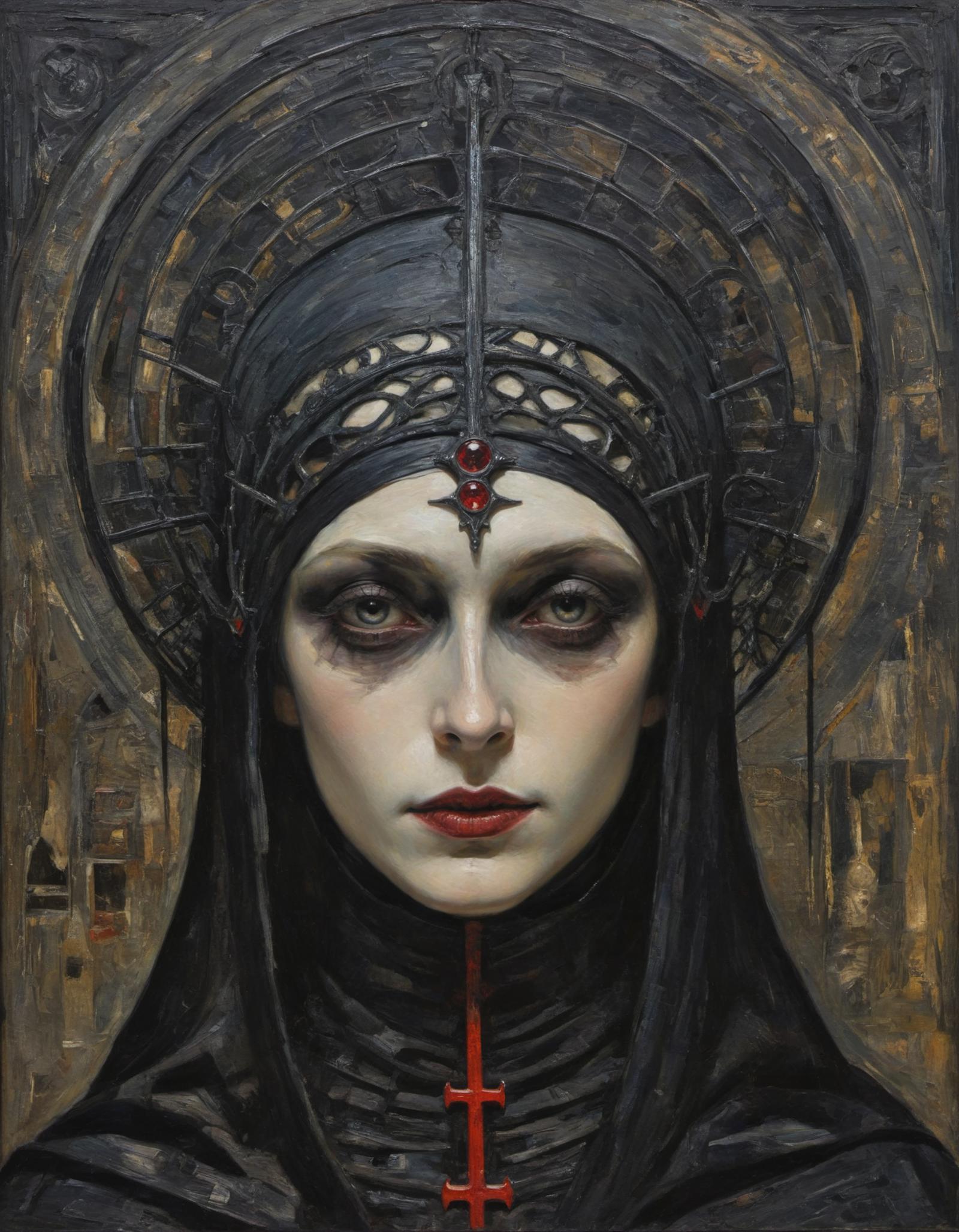 A portrait of a woman with a dark complexion, wearing a black veil, and a cross on her forehead. The image is a painting, and the woman appears to be looking into the distance.