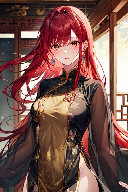 1girl, solo, earrings, bangs, looking_at_viewer, jewelry, upper body,  chinese clothes, red hair,  floating hair, long hair, east asian architecture <lora:style_Pale:1>