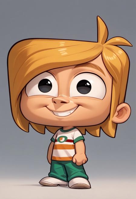 score_9, score_8_up, score_7_up, TommyTurnbull, 1boy, solo, chibi proportion, big head, square head, blonde hair, black eyes, big eyes, sharp nose, chibi, male focus, striped shirt, green pants, white shoes, soft smile,