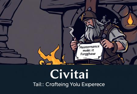 "A medieval blacksmith with servers on the anvil, hammering away with a ‘Maintenance Mode: Forging New Features’ sign. Text: ‘Civitai: Crafting Your Experience’."