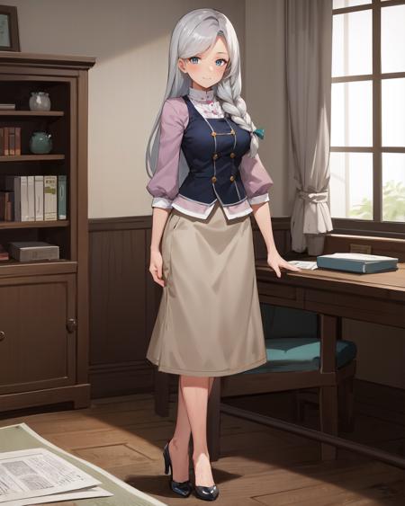 best quality, (masterpiece:1.2), illustration, absurdres, 
(1girl), (solo), (beautiful detailed girl), full body,
<lora:Diana-000008:0.8>,  Diana, long hair, grey hair, single braid, hair over one shoulder, hair ribbon, blue eyes, large breasts, 
black vest, pink shirt, pink sleeves, brown skirt, long skirt, pumps,
gentle smile, LOOKING AT VIEWER,
inside executive office, desk, documents, chair, window,