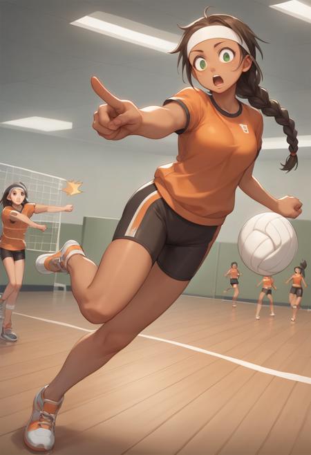 score_9, score_8_up, score_7_up, anime style,2020s\(style\),masterpiece,best quality, zPDXL2,source_anime, kawaii, vivid, colors, (medium full shot) of 1girl, (fashionable volleyball player) young woman, native american, mocha skin, olive green eyes, voluptuous build, long dark single braid hair, wearing a orange jersey, compression shorts, running shoes,  headband, set in  gymnasium, wooden floor with volleyball court lines, high ceilings with bright lighting, bleachers on the side, net set up in the middle, at night, woman surprised, open mouth, pointing her finger at the viewer,