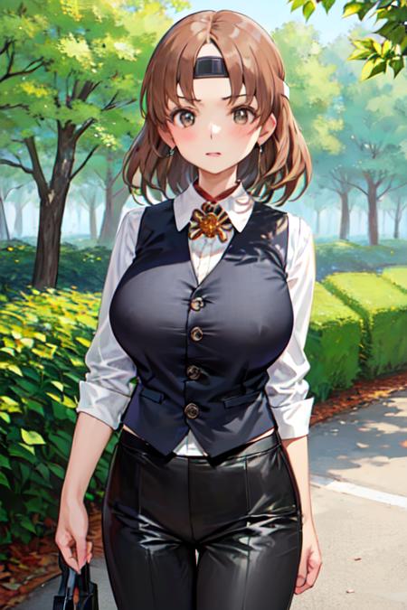 chiyodakc,  headband,  1girl, solo, outside, trees,  huge breasts,  <lora:ChiyodaKCLora-07:0.9>,  ((tuxedo,black waistcoat,)) white shirt,  cloth trousers, red rose pin, soes,