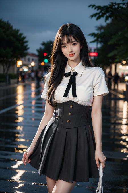 best quality, masterpiece, photorealistic, 1girl, solo, full body, standing, long black straight hair, blunt bangs, looking at viewer, smile, cyb skirt, cyb shirt, high-waist skirt, neck ribbon, outdoors, people, shop, detailed background, night, rain, <lora:dating_attire_vol1_style6_v1:0.7>