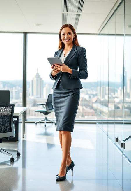 a full-body view of a smiling young woman, age 31, standing in a sleek office, holding a tablet. She’s dressed in a tailored blazer, pencil skirt, and heels. The background features glass walls, ergonomic furniture, and a panoramic city view. Captured with a 50mm lens for professional sharpness and realistic lighting, MidJourney v6.