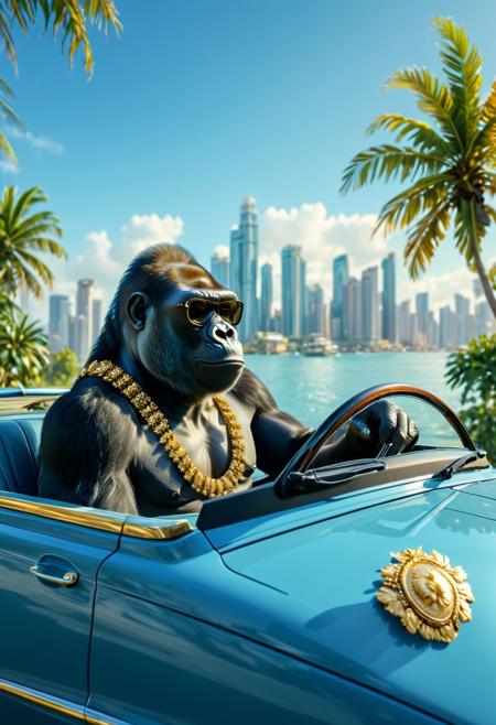 A filmic shot captures a gorilla, adorned with luxurious gold jewelry, driving a sleek blue automobile. Equipped with sunglasses and gripping the steering wheel, the primate maneuvers the vehicle. The backdrop showcases a tranquil expanse of water, a distant city skyline with towering skyscrapers, and a palm tree on the right, hinting at a tropical or coastal locale. The composition exudes a cinematic quality, evoking a dramatic and atmospheric ambience.