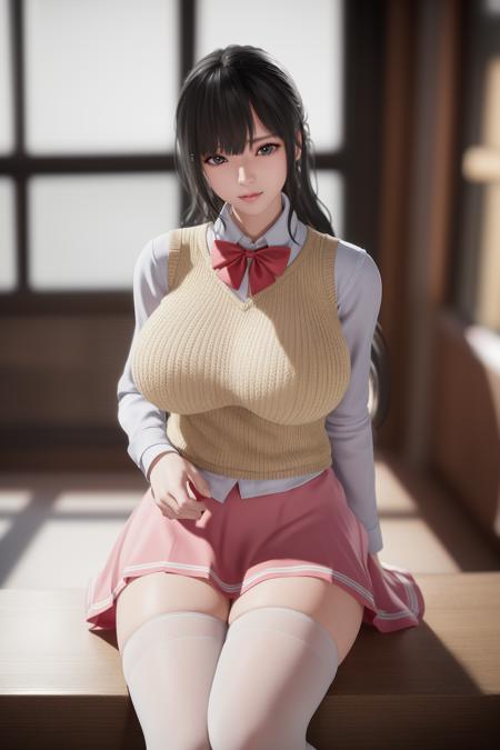 地点：(day:1.7), sky background,a blue sky and clouds,
动作：sitting at attention,sitting on couch,dynamic_posing,
服饰：short skirt, pleated skirt, pink_skirt,school_uniform,long_sleeves,sweater vest, Red_Bowtie,
角色：<lora:Fiona_PlayHome-KK77-V1:0.7>,thighhighs, white_legwear, zettai_ryouiki,
头发：Black_long_hair, Bangs,
角色鎖定：
1 girl, Manga,20yo,mature female,Beautiful Finger,Beautiful long legs,Beautiful body,Beautiful Nose,Beautiful character design, perfect eyes, perfect face,
眼神表情：
looking at viewer,(innocent_big_eyes:1.0),(Light_smile:0.3),
畫質:
official art,extremely detailed CG unity 8k wallpaper, perfect lighting,Colorful, Bright_Front_face_Lighting,
(masterpiece:1.0),(best_quality:1.0), ultra high res,4K,ultra-detailed,
photography, 8K, HDR, highres, absurdres:1.2, Kodak portra 400, film grain, blurry background, bokeh:1.2, lens flare, (vibrant_color:1.2)
身材:
(Beautiful,large_Breasts:1.4), (beautiful_face:1.5),(narrow_waist),
Negative prompt: EasyNegative, bad-artist-anime, bad-hands-5, lowres, bad anatomy, bad hands, text, error, missing fingers, extra digit, fewer digits, cropped, jpeg artifacts, signature, watermark, username, blurry, out of focus, censorship, Missing vagina, Blurry faces, Blank faces, bad face, Ugly, extra ear, amputee, missing hands, missing arms, missing legs, Extra fingers, 6 fingers, Extra feet, Missing nipples, ghost, futanari, Extra legs, Extra hands, panties,pants, (painting by bad-artist-anime:0.9), (painting by bad-artist:0.9), text, error, blurry, jpeg artifacts, cropped, normal quality, artist name, (worst quality, low quality:1.4),
Steps: 90, Sampler: Euler a, CFG scale: 7, Seed: 2477879818, Size: 512x768, Model hash: 0f49d1caa2, Model: perfectWorld_v3Baked, Denoising strength: 0.5, Hires upscale: 2, Hires steps: 30, Hires upscaler: Latent