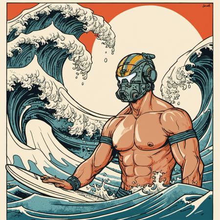 a helmeted muscular and skinny man,glowing eyes,(splash:1.2),("Jack Cooper" text in the background),half body:1.2,illustration,(((ukiyoe))),((sketch)),((japanese_art)),surfing,water,ocean