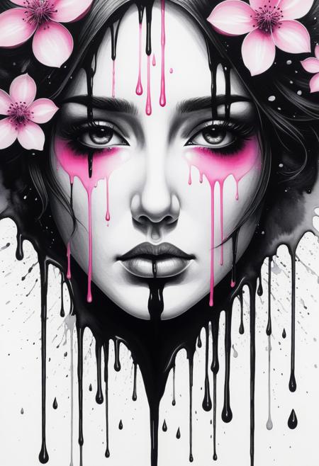 Centered, Fading Blossoms, Silent Tears, Ink Art, Dripping Pink And Black And White Colors, Woman's Face Sad, Artwork, Artist, Surrealism, Masterpiece, 31st Century