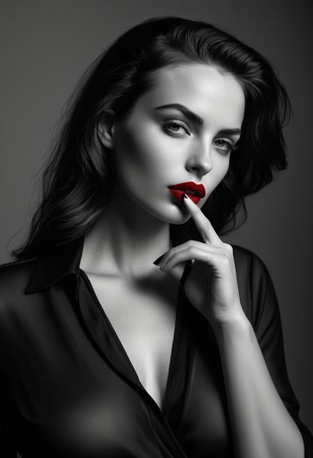 A black and white portrait of a woman with a sensual and mysterious expression. Her face is slightly tilted upward, with lips parted and her index finger gently resting on her lower lip in a seductive gesture. The lips, the only element in a soft shade of red, contrast subtly with the monochrome of the image. Her slightly tousled hair falls naturally over her forehead, framing her face. She is wearing a deeply plunging black blouse that partially covers her chest, elegantly revealing a hint of skin. The side lighting accentuates the shadows and structure of her face, keeping the focus on her red lips and enigmatic gaze, while the low neckline of the blouse adds a touch of sensuality without distracting from the face. The atmosphere is refined and timeless, with a sophisticated, classic beauty