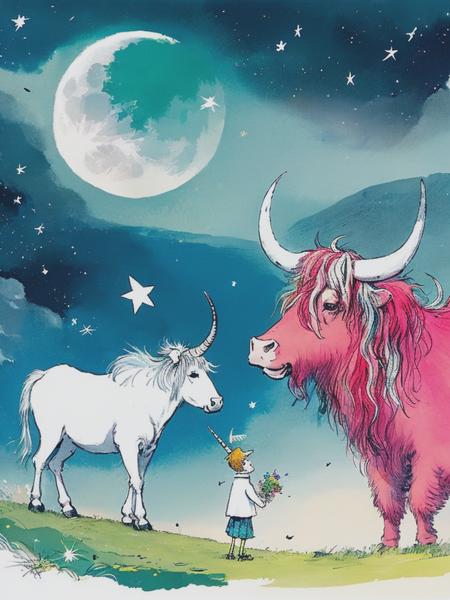 <lyco:QuentinBlake:1.0> 103319. An illustration by Quentin Blake. An enchanting illustration of a highland cow and a unicorn having a conversation under a bright, full moon.