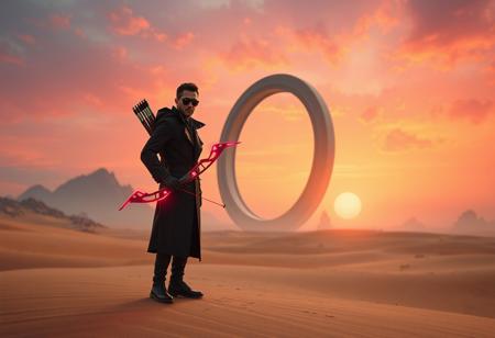 A lone Blizzard Warrior in a black trench coat and dark eyewear stands holding a crimson electric Shooting Star Bow - Ceal on an arid alien desert world. Behind him, a colossal, monolithic ring structure dominates the skyline under a vibrant cosmic twilight sky of orange and pink. Distant alien peaks rise from the dunes. Surreal sci-fi fantasy matte painting, cinematic lighting, Octane Render, Unreal Engine 5, trending on ArtstationHQ, CGSociety, high detail, golden ratio composition.