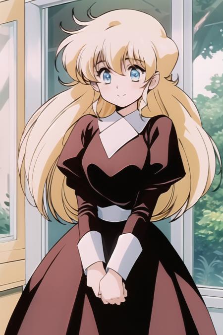 masterpiece, best quality, high-res,
illies, 1girl,(solo), blonde hair, long hair, blue eyes, large breasts, 1990s \(style\), retro artstyle,
happy, smile, blush, v arms, red dress, long sleeve, puffy sleeves, white cuffs, looking at viewer, cowboy shot, window, indoor,
<lora:GoodHands-vanilla:1> <lora:illies_plastic_little_v2.1:1>