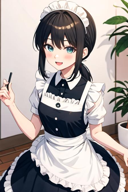 best quality, masterpiece, highres, solo, {fubuki_kantaicollection:1.15}, black_hair, ponytail, short_ponytail, serafuku, sidelocks, low_ponytail, smile, green_eyes, open_mouth, blush, 1girl, alternate_costume, dress, enmaided, looking_at_viewer, maid, maid_headdress, simple_background, upper_body, apron, blue_eyes, holding, maid_apron, white_apron