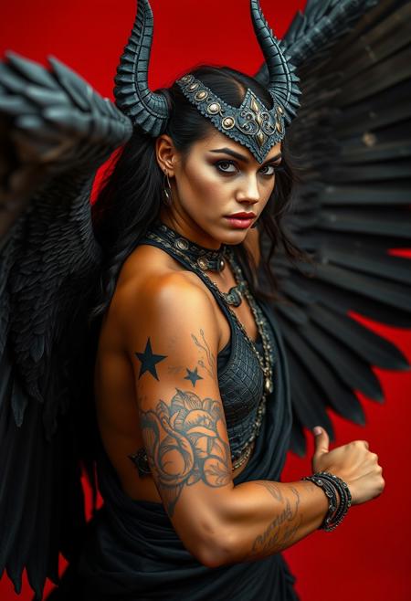 action pose of the most beautiful aboriginal woman warrior of the world, tattooed, demon black wings, beautiful studio makeup, black crocodile skin armour, silk robe, wind, masterpiece, best quality, high quality, hyper detailed, HDR, 8k, sharp focus, realistic eyes, realistic, red background, photography studio style