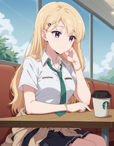 saki ayase, long hair, bangs, blonde hair, purple eyes, hairclip, medium breasts, skirt, shirt, jewelry, school uniform, white shirt, short sleeves, pleated skirt, earrings, necktie, bracelet, clothes around waist