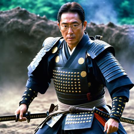 Fumio Kishida as samurai, wearing glasses, dynamic action movie still, Japanese epic samurai film, (looking at viewer:1.1), wearing armor, (fighting alone:1.15), (directed by Akira Kurosawa:1.1), (8k digital remastering film:1.2), (best quality, High quality, highly detailed, intricate details, Highres, RAW photo, realistic photo:1.25), mud, cloud of dust, war, fire, holding katana, (topknot:-1.1), <lora:Kishida-XL_v2:0.65>