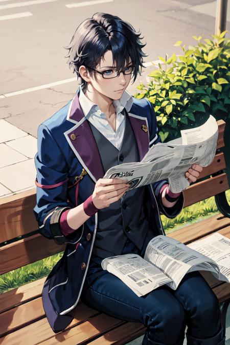 masterpiece, best quality, absurdres, 1boy, solo, FushimiSaruhiko, glasses, blue coat, black vest, collared shirt, blue pants, wristband, sitting, outdoors, park, bench, reading newspaper, <lora:FushimiSaruhiko:1>