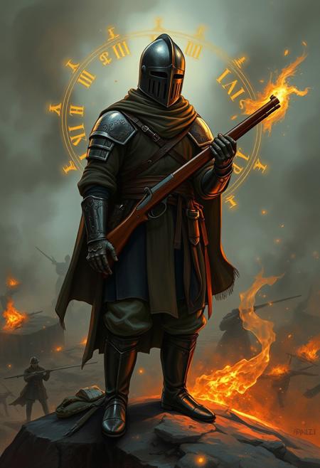 A young  man wearing world war one and medieval style uniform with dark colors, and holding a musket. Standing on a rock in a battlefield, full of bodyes smoke and fire. The man wearing a simple undecorated and unornated full face knights great helm a gauntlet but no shoulder armor nor breastplate, only a light fabric. Only simple and fuctional gear. There is magic around the man, glowing golden runic letters and magical symbols revolving around the caracter and his musket. Acranic, lights in the air and magic happening. Every peace Hand drawn , semi realistic style painting. Full body, long shot, full body in frame.