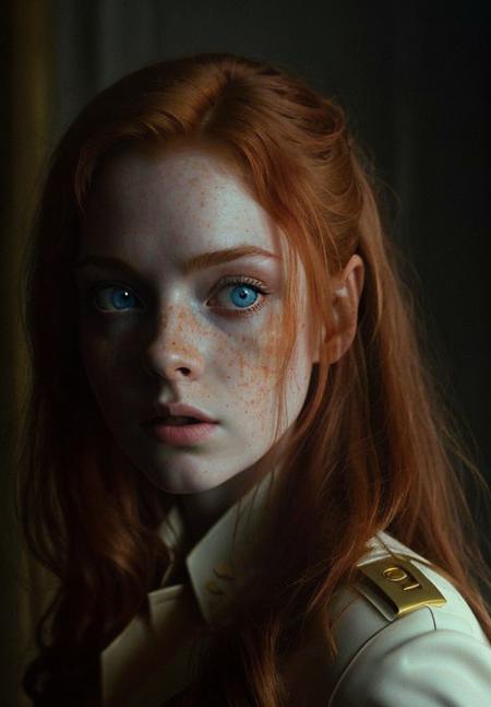 ginger, portrait, masterpiece, military uniform, Big Close-Up, pale skin, straight long hair, big blue eyes, freckles, wet hair, best quality, highly detailed, cinematic film, dramatic lighting shadow, kodak, vignette, high budget, epic film grain, grainy, hyper detailed, expressive,  award winning, intricate details, looking at viewer, dynamic pose, atmospheric haze, cinematic film still, highly detailed, high budget, photorealistic, candid camera, color graded cinematic, eye catchlights, atmospheric lighting, natural <lora:ginger_v03:1>