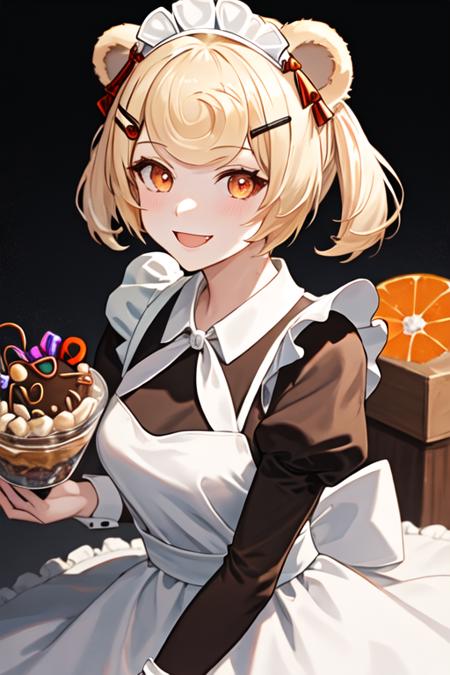 best quality, masterpiece, highres, solo, {maid:1.40}, {long maid dress:1.15}, {gum_arknights:1.15}, animal_ears, blonde_hair, bear_ears, short_hair, hair_ornament, candy_hair_ornament, hairclip, food-themed_hair_ornament, bangs, smile, orange_eyes, upper_body, red_eyes