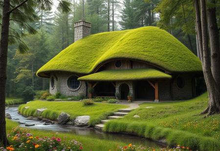 in front hangs a single-storey house built of stone, covered and merged with nature, roof reaches the ground and is completely covered with grass and green grass, the hobbit-type house, a large front porch, round windows, a stone chimney, inside a spacious room, at least three room, internal toilet and bathroom, a separate wide kitchen merged with the living room, nestling in the forest in front of it a river passes, a meadow with colorful flowers, realistic style, photorealism, a sense of harmony and peace, relaxation,