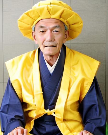 yellow hat, gilet, <lora:gilet_for_level61_v1:0.7>, old man, fan, zabuton, hanbok, 1boy, what, real life insert