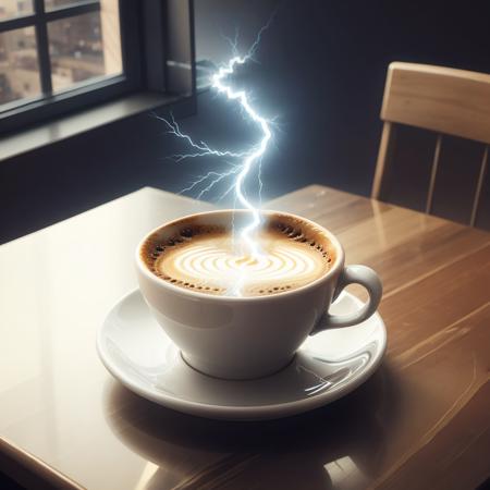 Indoor, a cup of lightning coffee, <lora:Lightning:0.8>, table