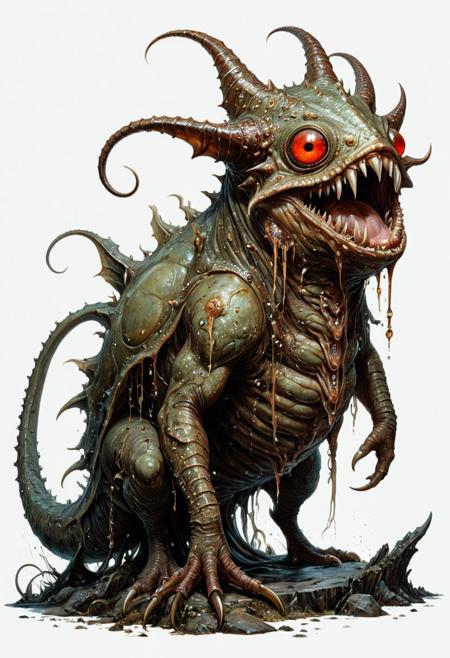 full body, lineart, concept art, a misshapen, beefy slug-like monster stands on a tentacle-like foot, glowing eyes, big teeth, spits poisonous saliva, watercolor wash, approaching perfection, pure form,  minimalistic, unfinished, concept art by Brian Froud and Carne Griffiths, intricate details, 8k post production, high resolution, hyperdetailed, trending on artstation, sharp focus, studio photo, intricate details, highly detailed, by greg rutkowski<lora:xl_more_art-full_v1:0.5>
dungeon and dragon , fantasy,  detailed_eye_model, white background, red olive brown