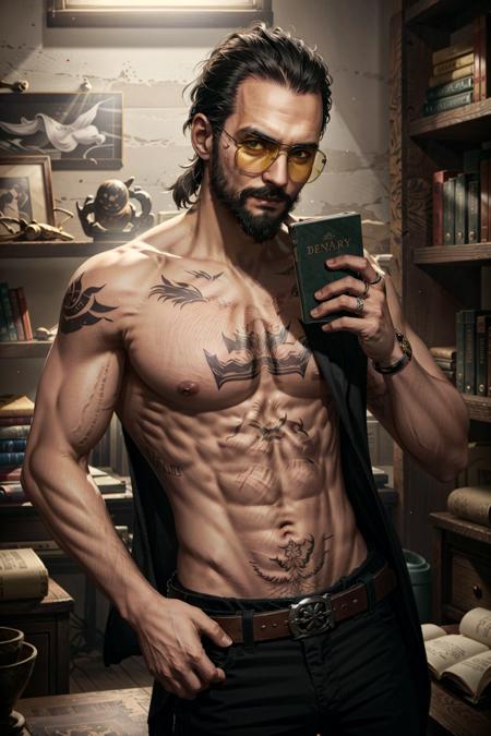 JosephFar, 1boy, male focus, tattoo, beard, solo, facial hair, book, belt, pants, navel, sunglasses, holding book, topless male, black hair, black pants, holding, pectorals, nipples, abs, blurry, glasses, muscular, jewelry
<lora:epi_noiseoffset2:1>,    <lora:JosephFar:0.7>