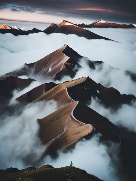 <lora:VerticalLandscapes:1>a mountain covered in fog and clouds with a lone person standing on top of it