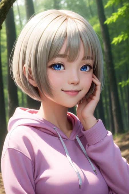 masterpiece, best quality, anime screencap, cute, petite,
short hair, bob cut, silver hair, blue eyes, denim, hoodie, large breasts, smile, long sleeves, hands on own face,
wind, depth of field, forest, close-up,