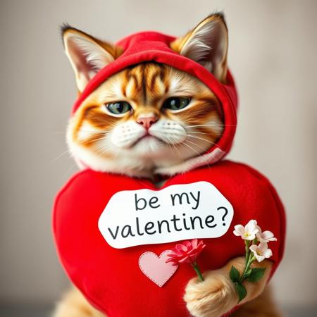 a beautiful plush cat with a serious and upset face in a giant red heart costume with a sign "be my valentine?" and holding some flowers