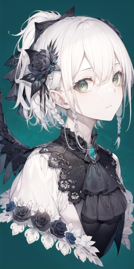 1girl, blue background, braid, cropped shoulders, expressionless, looking at viewer, moose, parted lips, short hair, side braids, simple background, solo, twin braids, upper body, white hair, green eyes, bangs, flower, ascot, hair ornament, animal, portrait, wings, brooch, jewelry, bow, hair bow, gem, closed mouth, hair between eyes, black bow, rose, black flower, white wings, ponytail, <lora:hito_loha_v2b:0.7>