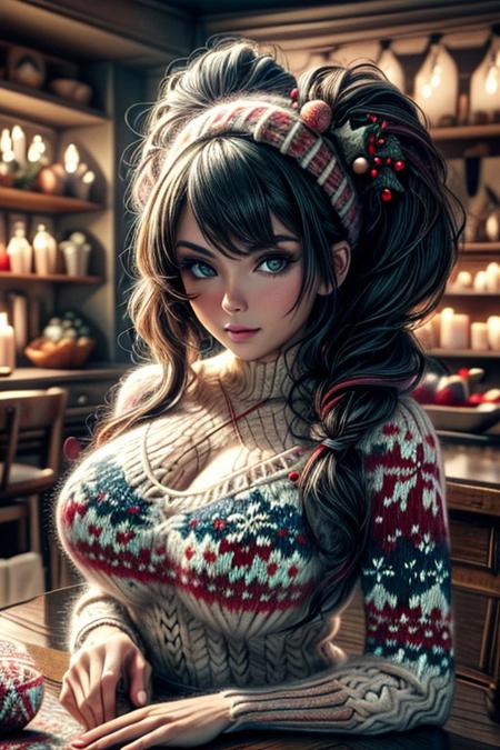 rating_pg
(masterpiece, best quality, highres, high resolution:1.2), extremely detailed, intricate details, 1girl, solo, looking at viewer, <lora:world_christmassweater-20:0.8> christmassweater, (cinematic lighting, bloom, volumetric),