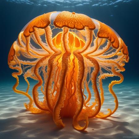 Beneath the surface of an ocean woven from translucent pools of citrus nectar, jellyfish with luminous, curling tendrils of orange rind drift gracefully, pulsing with an ethereal glow. Schools of fish-like creatures, their scales shimmering with the texture of finely textured zest, twist and glide through the surreal fluid landscape, leaving trails of vibrant citrus hues in their wake. At the depths of this bizarre world, coral reefs emerge from twisting segments of dried peel, sculpted into intricate spirals of artistic elegance, glowing softly in golden radiance. Waves roll in slow, deliberate movements, reflecting the shifting morphing realityâblurring the lines between solid and liquid as the seafloor reshapes itself, peeling back and reforming endlessly in strange and beautiful patterns.
<lora:Orange_Peel:1> orangepeel, orange (fruit)