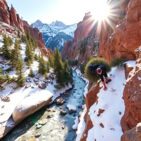 lovely red rock steep mountain gorge, ending in mountain vista, frozen stream bed with large rock, bright sun, snow-covered stream bed, evergreen bushes along side of gorge, hiker pulling himself up the wall of the gorge by grasping bush