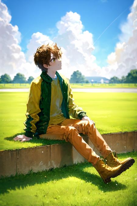 <lora:Quasarcake:1>, outdoors, sky, brown hair, sitting, pants, cloud, grass, jacket, looking up, 1boy, solo, boots, wide shot, green jacket, day, blue sky, yellow footwear, shirt, male focus, long sleeves, brown footwear, orange footwear, plant, smile, short hair