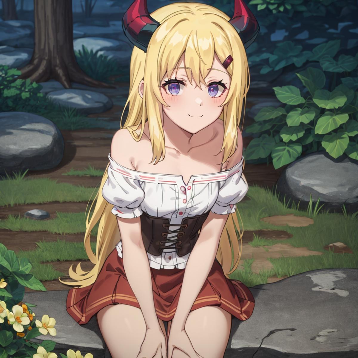 yasumo isekai nonbiri nouka cleavage dress horns pointy ears