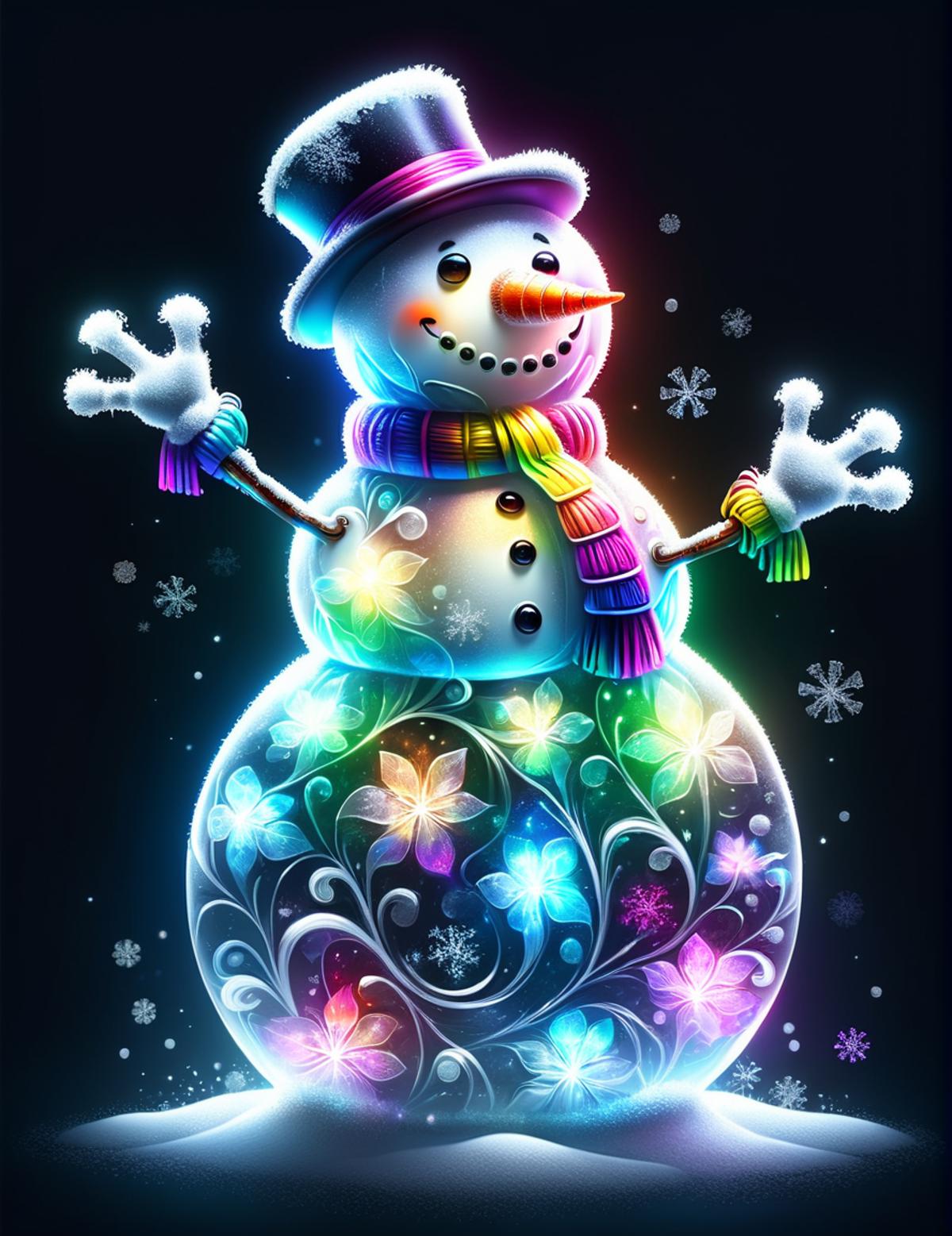 A colorful and lively snowman with a rainbow scarf and decorative flowers.